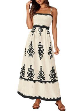 Women's Apricot Black Floral Summer Spaghetti Strap Flowy Beach Vacation Maxi